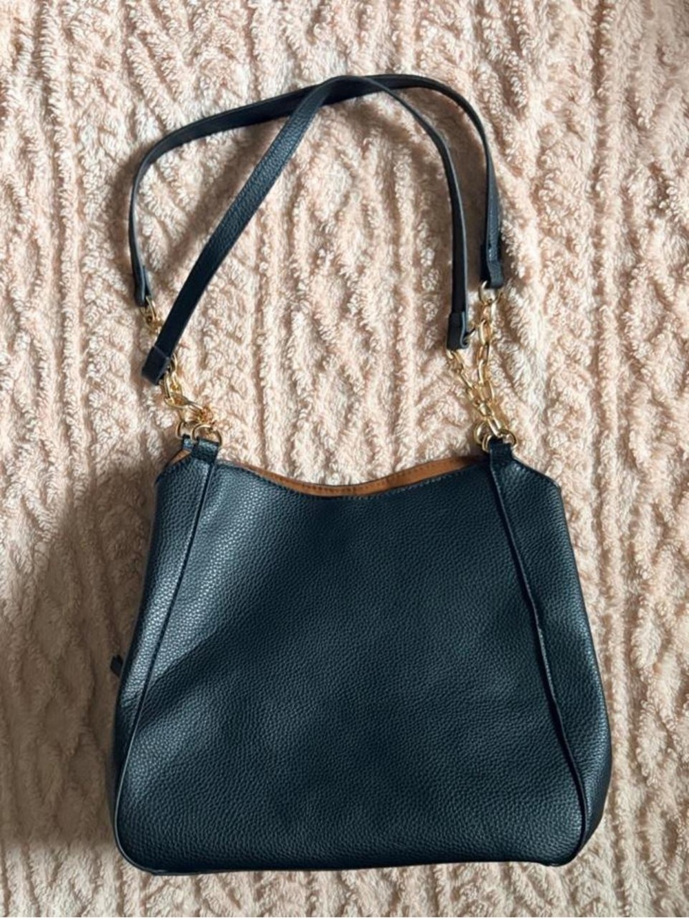 Black Pebbled Shoulder Bag with Gold Chain Accents